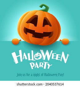 Halloween Party. 3D illustration of cute Jack O Lantern orange pumpkin character with big greeting signboard on teal background.