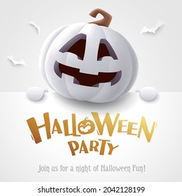 Halloween Party. 3D illustration of cute Jack O Lantern white pumpkin character with big greeting signboard on white background.