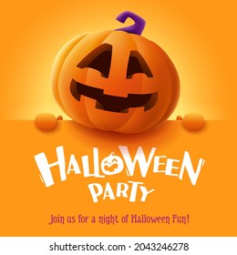 Halloween Party. 3D illustration of cute Jack O Lantern orange pumpkin character with big greeting signboard on orange background.