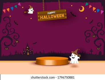Halloween party 3d scene template with ghost and cylinder podium