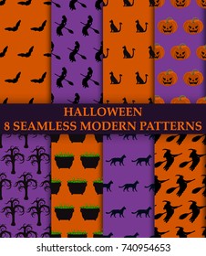 Halloween party. 8 seamless modern patterns