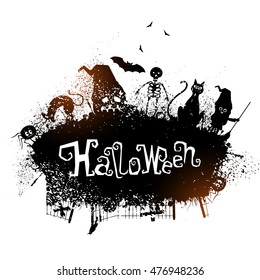 Halloween Party abstract background with scary spider, cat, pumpkin in witch hat, flying bat, skeleton and monster.