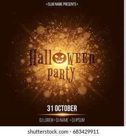 Halloween party. Abstract golden lights. Big bright flash of light. Gold dust. Cartoon Halloween pumpkin. Beautiful text on the background of lights. Luxurious invitation card. Vector illustration
