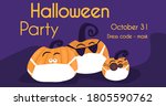 
Halloween party ad banner, holiday pumpkins in medical masks from coronavirus during quarantine, vector illustration in flat style