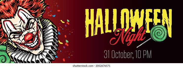 Halloween party advertising horizontal banner in vintage style with promotional lettering evil clown head with paper collar lollipops and confetti vector illustration