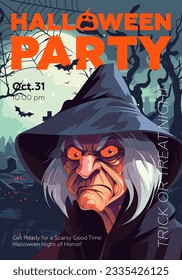 Halloween party advertising poster. Placard evil old witch in moonlight cemetery. Art cover scary sorcerer on moonlit tombstones. All Saints Eve holiday promo artwork print. Trendy typography flyer