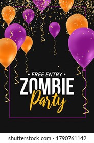 Halloween party announcement with balloons and confetti. Holiday poster vector background template.