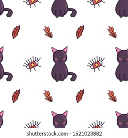 Halloween party art design with black cat, eyes and leaves. Seamless pattern for wallpaper, fabric, wrapping paper. Autumn vector illustration.