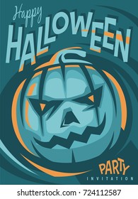 Halloween party artistic invitation design with Halloween pumpkin head on dark blue background. Creative card template for Halloween day.