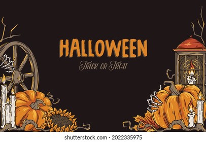 Halloween party for autumn pumpkin background. Happy halloween and trick or treat. Holiday composition for design poster, banner. Festive invitation and postcard
