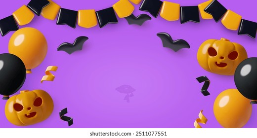 Halloween party background 3d vector design with black and orange color balloons, pumpkins, bats, holiday flags bunting and confetti on purple background.