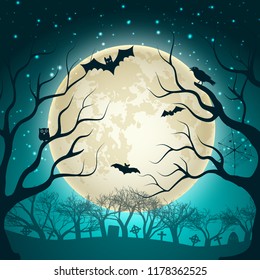 Halloween party  background with big glowing moon ball on night sparkle sky and bats in magic forest flat vector illustration 