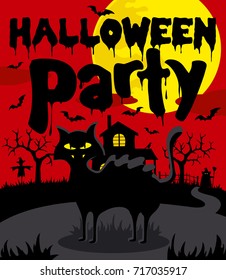 Halloween party background with black cat.Vector illustration