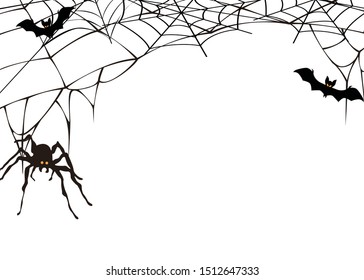 Halloween party background. Black spider and torn web.