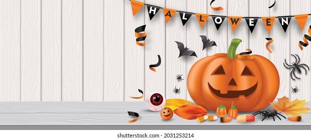 Halloween party background with candy, eyeballs, spiders, bats and pumpkins. Vector