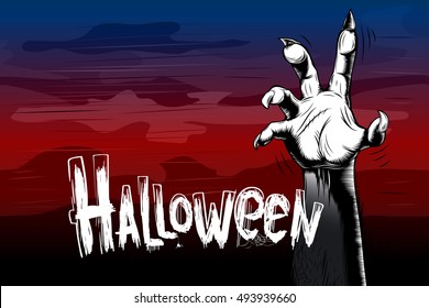 Halloween party background from corpses zombies hand in the fog; Hand-drawn in old-style vintage ink hatching vector Eps10
