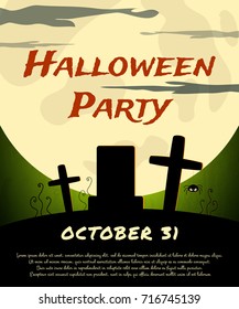 Halloween Party background with creepy graveyard and moon. Vector illustration