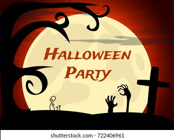 Halloween Party background with creepy graveyard, tree and moon. Vector illustration