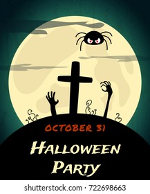 Halloween Party background with creepy graveyard and moon. Vector illustration
