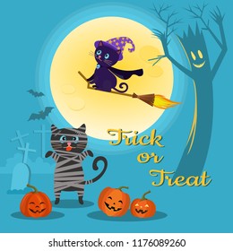Halloween party background with cute witch and pumpkin on full moon.