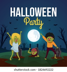 Halloween party background with cute zombies dancing
