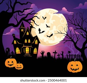 Halloween party background dark night illustration Full moons, pumpkin ghosts, hands emerging from graves, abandoned houses, graveyards, bats, scary trees. and Halloween elements  Vector illustrator. 