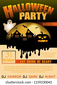 Halloween Party background. Decorations elements with the falling drops, castle and pumpkin,  ghost and bats. Vector illustration.