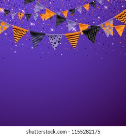 Halloween party background with flags and confetti. Holiday greeting cards, poster, banner design.