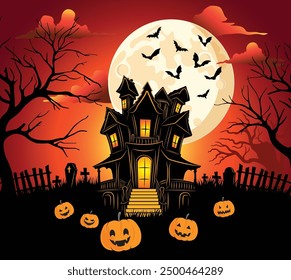 Halloween party background, full moon night illustration, Halloween  pumpkin ghost, abandoned house, cemetery, bat, scary tree and Halloween elements Scary website Banner template Vector illustration