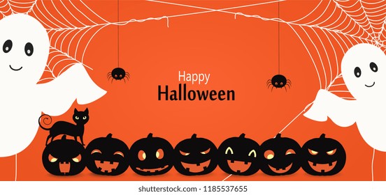 Halloween party background with ghosts. Happy Halloween greeting card orange background.