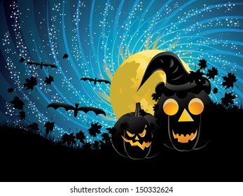 Halloween party background with glowing pumpkins in the grass and moon on starry sky.