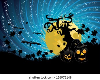 Halloween party background with glowing pumpkins, crooked tree and moon on starry sky.