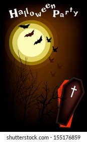 Halloween Party Background of The Graveyard in Full Moon Night with A Vampire Coffin and Evil Bats, Sign for Halloween Celebration 