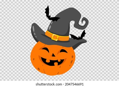 Halloween party background with happy pumpkin wears witches hat smiling with flying bats isolated  on png or transparent, blank space for text,element template for poster,brochures,advertising,vector