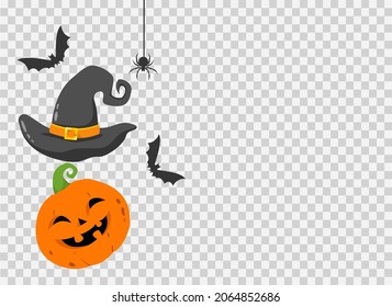 Halloween party background with happy pumpkin wears witches hat smiling with bats,spider isolated on png or transparent,blank space for text,element template for poster,brochures,advertising,vector