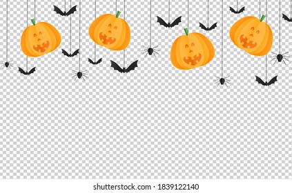 Halloween party  background with happy smiling  pumpkin face , bats, spiders in paper cut style, hanging from top  isolate on  png or transparent background, graphic resources for sale template vector