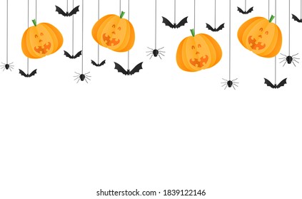 Halloween party  background with happy smiling  pumpkin face , bats, spiders in paper cut style, hanging from top  isolate on  white  background, graphic resources for sale template vector