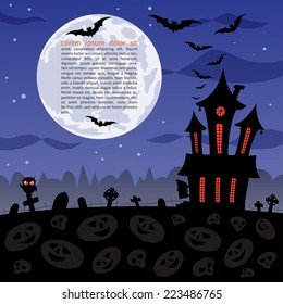 Halloween party background with haunted house, graves, bats, owl and full moon