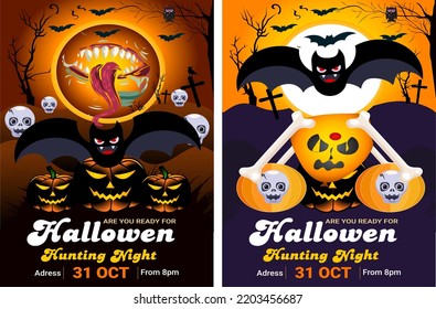 Halloween party background with and horror design. Halloween party poster, happy Halloween discount sale podium banner with lantern pumpkin. Halloween night vector illustration with bat spiders ghost.