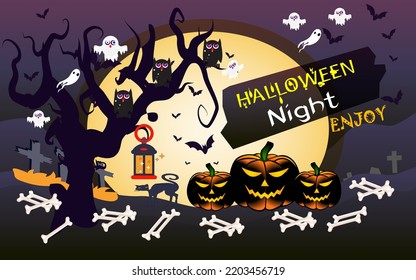 Halloween party background with and horror design. Halloween party poster, happy Halloween discount sale podium banner with lantern pumpkin. Halloween night vector illustration with bat spiders ghost.