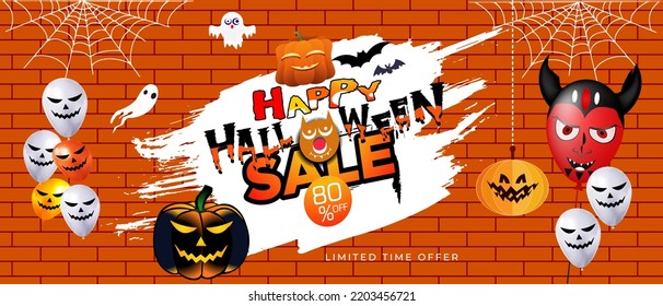 Halloween party background with and horror design. Halloween party poster, happy Halloween discount sale podium banner with lantern pumpkin. Halloween night vector illustration with bat spiders ghost.