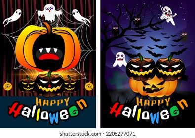 Halloween party background with and horror design. Halloween party poster, happy Halloween discount sale podium banner with lantern pumpkin. Halloween night vector illustration with bat spiders ghost.