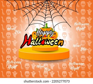 Halloween party background with and horror design. Halloween party poster, happy Halloween discount sale podium banner with lantern pumpkin. Halloween night vector illustration with bat spiders ghost.