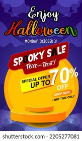 Halloween party background with and horror design. Halloween party poster, happy Halloween discount sale podium banner with lantern pumpkin. Halloween night vector illustration with bat spiders ghost.