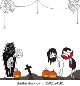 Halloween Party Background Horror Zombies and pumpkin with spider web.