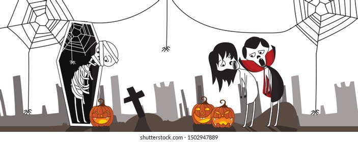 Halloween Party Background Horror Zombies and pumpkin with spider web.