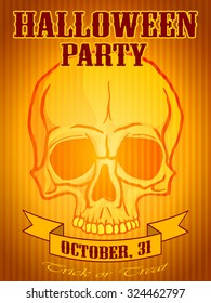 Halloween Party Background with Human Skull. Vector illustration. 