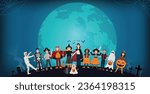 Halloween party background, Kids in Halloween costumes. Vector