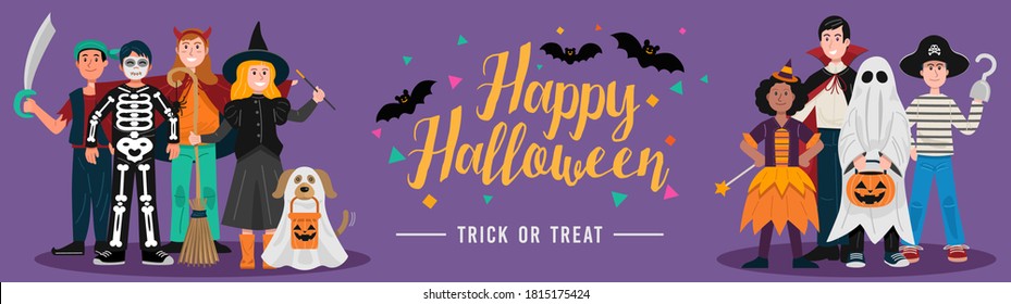 Halloween party background, Kids in Halloween costumes. Vector