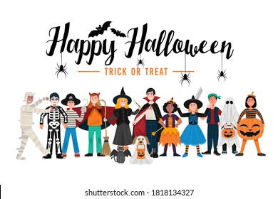 Halloween party background, Kids in Halloween costumes. Vector